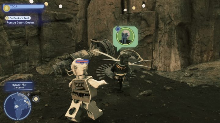 While playing as a protocol droid you must talk to the questgiver in Stalgasin Hive's canyon on Geonosis - LEGO Skywalker Saga: Free Your Mind - walkthrough - LEGO Skywalker Saga: Geonosis - UI Stalgasin - LEGO Skywalker Saga Guide