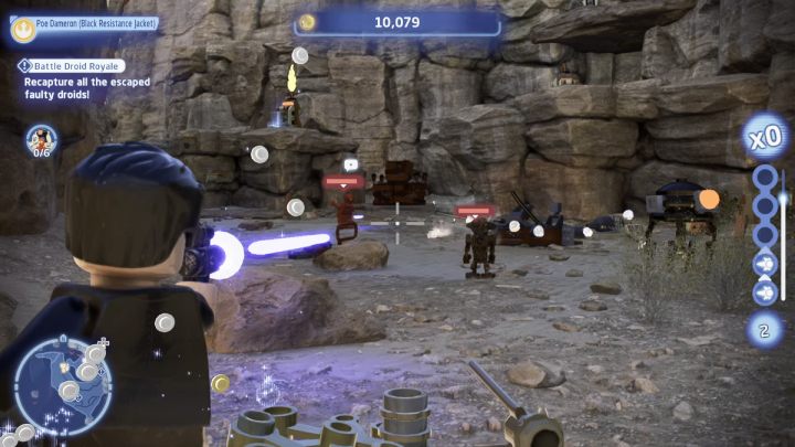 Defeat all 3 of the faulty droids you previously brought to Tatooine, then proceed to the next search area - LEGO Skywalker Saga: Battle Droid Royale - walkthrough - LEGO Skywalker Saga: Tatooine - the desert of Jundland - LEGO Skywalker Saga Guide