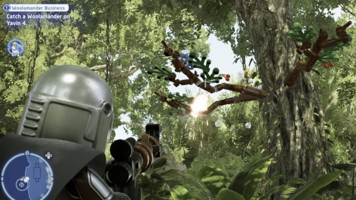 To catch the bird, you have to shoot the branches it's currently sitting on - LEGO Skywalker Saga: Woolamander Business - walkthrough - LEGO Skywalker Saga: Kamino - the city of Tipoca - LEGO Skywalker Saga Guide
