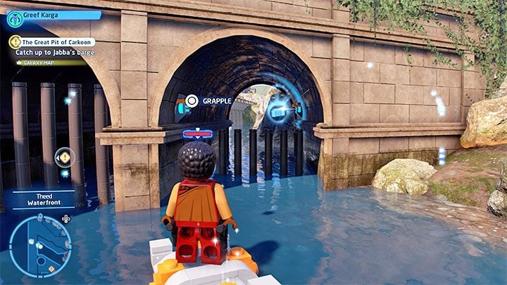 Switch to a character that wields the Force to pick up one of the nearby boxes and place it in the water near the bridge (picture 1) - LEGO Skywalker Saga: Theed - list of all puzzles - LEGO Skywalker Saga: Naboo - LEGO Skywalker Saga Guide