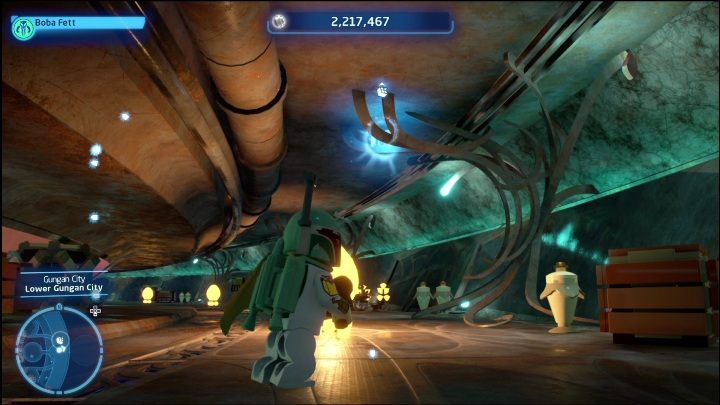 This brick is hanging right under the ceiling in the lower section of the city - LEGO Skywalker Saga: Lake Paonga - list of all puzzles - LEGO Skywalker Saga: Naboo - LEGO Skywalker Saga Guide