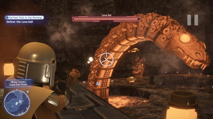 When the combat begins, shoot the eel as it emerges from the 3 holes - LEGO Skywalker Saga: Eel Feel That in the Morning - walkthrough - LEGO Skywalker Saga: Takodana - Maz Castle - LEGO Skywalker Saga Guide
