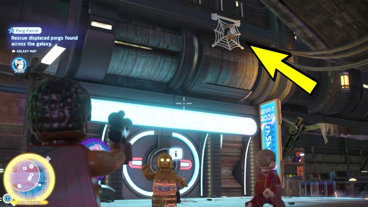 The porg is trapped in a spider web on the building's wall - LEGO Skywalker Saga: Porg Patrol - walkthrough - LEGO Skywalker Saga: Challenges - LEGO Skywalker Saga Guide