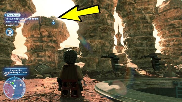 The porg is on one of the rock pillars at the entrance to the droid factory - LEGO Skywalker Saga: Porg Patrol - walkthrough - LEGO Skywalker Saga: Challenges - LEGO Skywalker Saga Guide