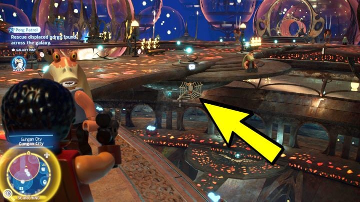 The porg is trapped in a spider web under the bridge - LEGO Skywalker Saga: Porg Patrol - walkthrough - LEGO Skywalker Saga: Challenges - LEGO Skywalker Saga Guide