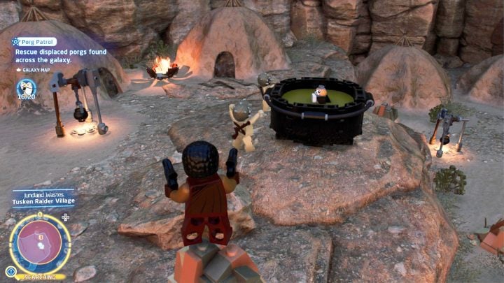The porg is in the soup pot next to the tusken tents - LEGO Skywalker Saga: Porg Patrol - walkthrough - LEGO Skywalker Saga: Challenges - LEGO Skywalker Saga Guide