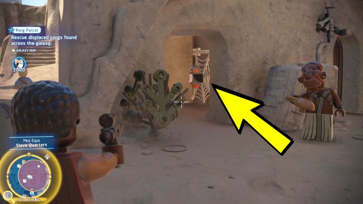 The porg is in the spider web in one of the buildings - LEGO Skywalker Saga: Porg Patrol - walkthrough - LEGO Skywalker Saga: Challenges - LEGO Skywalker Saga Guide