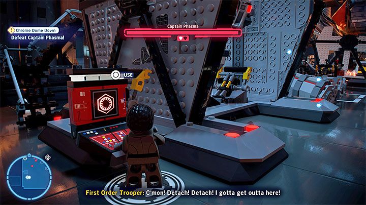 First, run to the left and, playing as Finn, interact with the red terminal shown in the picture - LEGO Skywalker Saga: Captain Phasma, Episode 8 - boss, how to defeat? - LEGO Skywalker Saga: Bosses - LEGO Skywalker Saga Guide