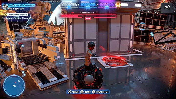 Under the ledge where Phasma is located, you'll find a sphere (screenshot 1) Jump on it and drive it to the nearby slot (screenshot 2) Captain Phasma will take damage again, and thus begins phase 2 of the encounter - LEGO Skywalker Saga: Chrome Dome Down - walkthrough - LEGO Skywalker Saga: Episode 8 - The Last Jedi - LEGO Skywalker Saga Guide