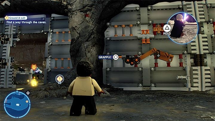 The second variant involves examining the lower area and grabbing the hook on the right presented in picture 1 - LEGO Skywalker Saga: Ground A-salt - walkthrough - LEGO Skywalker Saga: Episode 8 - The Last Jedi - LEGO Skywalker Saga Guide