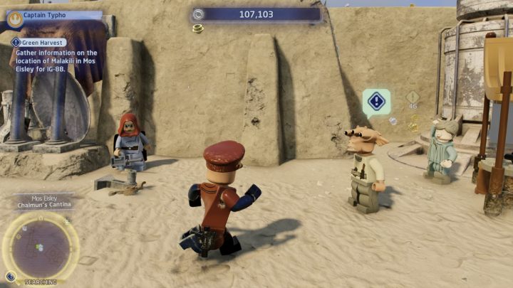 Go to the search area and talk to the city dweller standing by the stalls - LEGO Skywalker Saga: Green Harvest - walkthrough - LEGO Skywalker Saga: Tatooine - Mos Eisley - LEGO Skywalker Saga Guide
