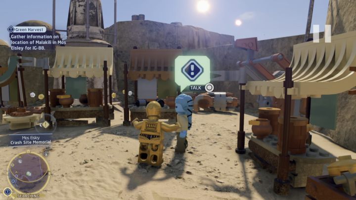 While controlling the protocol droid, talk to the city dweller standing by the door of the bar - LEGO Skywalker Saga: Green Harvest - walkthrough - LEGO Skywalker Saga: Tatooine - Mos Eisley - LEGO Skywalker Saga Guide