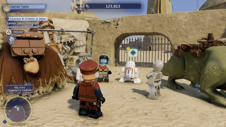 The first character telling a joke is the Astromech Droid - LEGO Skywalker Saga: Salacious B. Crummy at Jokes - walkthrough - LEGO Skywalker Saga: Tatooine - the desert of Jundland - LEGO Skywalker Saga Guide