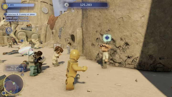 The next person telling the joke is at the stalls - LEGO Skywalker Saga: Salacious B. Crummy at Jokes - walkthrough - LEGO Skywalker Saga: Tatooine - the desert of Jundland - LEGO Skywalker Saga Guide