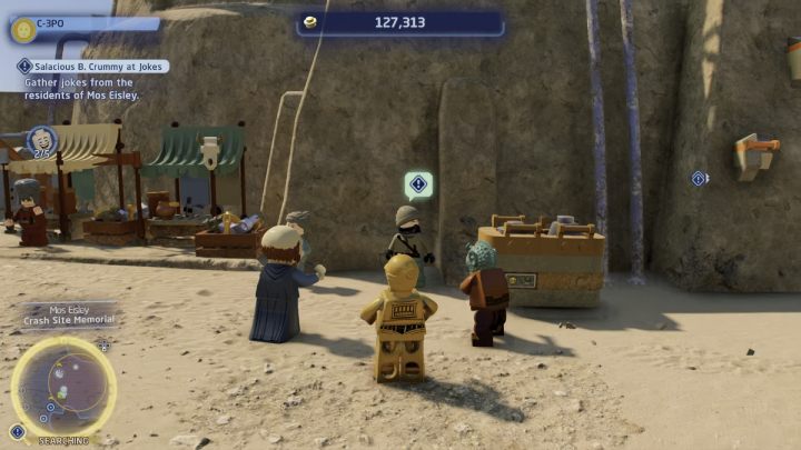 You will hear another joke from the man at the crash site - LEGO Skywalker Saga: Salacious B. Crummy at Jokes - walkthrough - LEGO Skywalker Saga: Tatooine - the desert of Jundland - LEGO Skywalker Saga Guide
