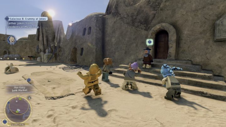 The fourth person to tell the joke will be the woman standing on the stairs near the market - LEGO Skywalker Saga: Salacious B. Crummy at Jokes - walkthrough - LEGO Skywalker Saga: Tatooine - the desert of Jundland - LEGO Skywalker Saga Guide