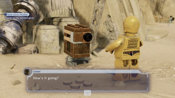 Talk to the questgiver in Mos Eisley while controlling a protocol droid - LEGO Skywalker Saga: Gonk-stores Paradise - walkthrough - LEGO Skywalker Saga: Tatooine - Mos Eisley - LEGO Skywalker Saga Guide
