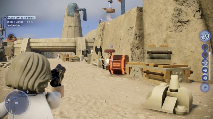 Switch characters to someone with a ranged weapon and follow Gonker - LEGO Skywalker Saga: Gonk-stores Paradise - walkthrough - LEGO Skywalker Saga: Tatooine - Mos Eisley - LEGO Skywalker Saga Guide