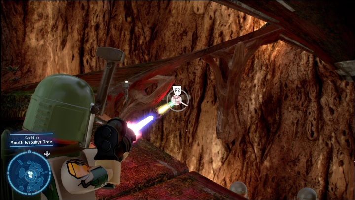 To open the cage containing this brick, you have to shoot the 4 red and white targets - LEGO Skywalker Saga: Kachirho - list of puzzles - LEGO Skywalker Saga: Kashyyyk - LEGO Skywalker Saga Guide