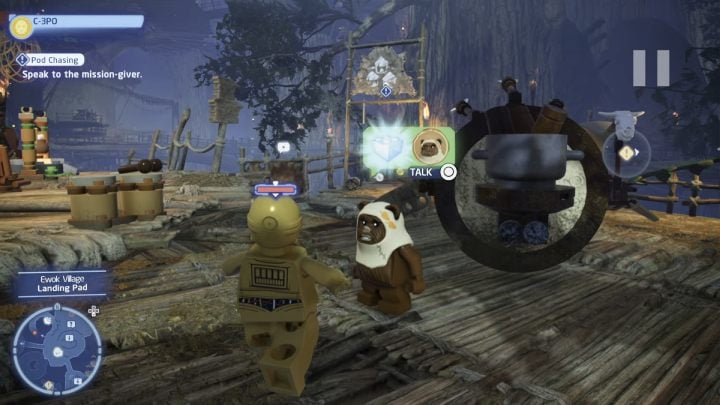 Talk to the questgiver in the Ewok village while playing as a protocol droid - LEGO Skywalker Saga: Pod Chasing - walkthrough - LEGO Skywalker Saga: Endor - the ewok village - LEGO Skywalker Saga Guide