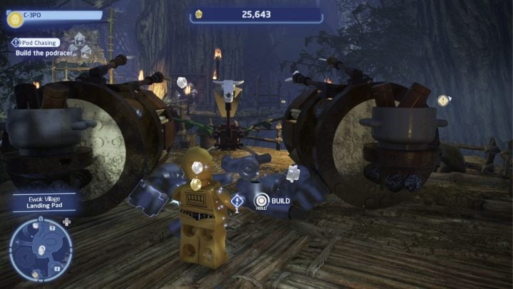After getting all the parts return to the Ewok village, talk to the questgiver and help him build the podracer - LEGO Skywalker Saga: Pod Chasing - walkthrough - LEGO Skywalker Saga: Endor - the ewok village - LEGO Skywalker Saga Guide