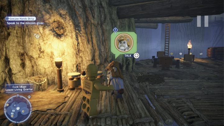 Talk to the questgiver on the village's lower level while playing as a protocol droid - LEGO Skywalker Saga: Geejaw Hands Dirty - walkthrough - LEGO Skywalker Saga: Endor - the ewok village - LEGO Skywalker Saga Guide