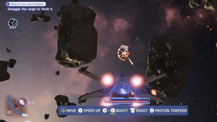 Head to Yavin 4's local space and defeat all enemy ships encountered on the way - LEGO Skywalker Saga: Theron Lies the Problem - walkthrough - LEGO Skywalker Saga: Endor - local space - LEGO Skywalker Saga Guide