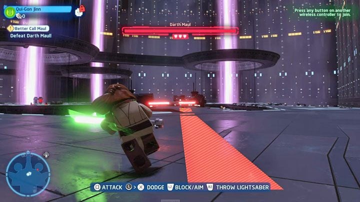 An important element of this duel is to avoid strong attacks of Darth Maul, which are marked with red stripes - LEGO Skywalker Saga: Better Call Maul - walkthrough - LEGO Skywalker Saga: Episode 1 - The Phantom Menace - LEGO Skywalker Saga Guide