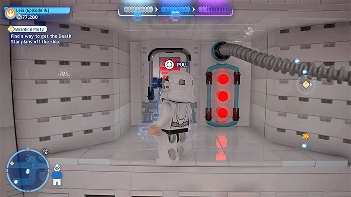 The hologram platform needs to be pushed first to the left and then to the right - LEGO Skywalker Saga: Boarding Party - walkthrough - LEGO Skywalker Saga: Episode 4 - A New Hope - LEGO Skywalker Saga Guide