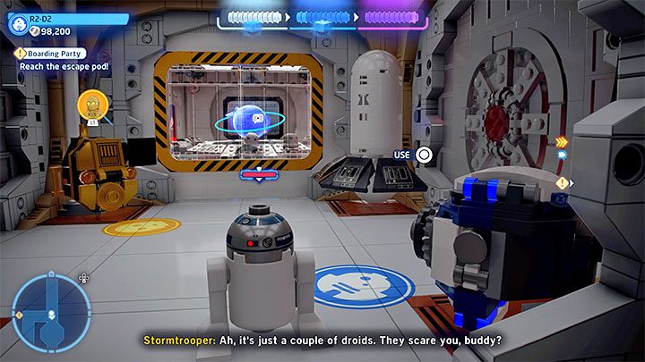 In the second part of the level, the playable characters will be C-3PO and R2-D2 - the objective is to reach the Escape Pod - LEGO Skywalker Saga: Boarding Party - walkthrough - LEGO Skywalker Saga: Episode 4 - A New Hope - LEGO Skywalker Saga Guide