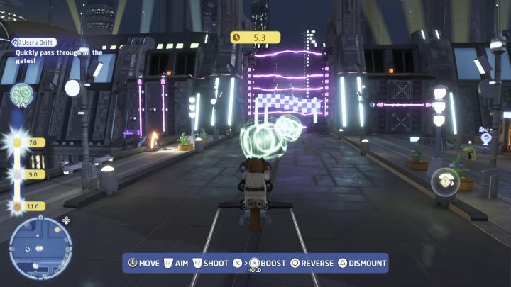 Your objective is to pass through all 6 gates in order and reach the finish line - LEGO Skywalker Saga: Coruscant - trial, walkthrough - LEGO Skywalker Saga: Trials - LEGO Skywalker Saga Guide