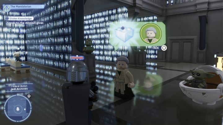 While controlling the Bounty Hunter, talk to the quest giver in the Jedi Temple and accept the quest - LEGO Skywalker Saga: Stolen Knowledge - walkthrough - LEGO Skywalker Saga: Coruscant - federal district - LEGO Skywalker Saga Guide