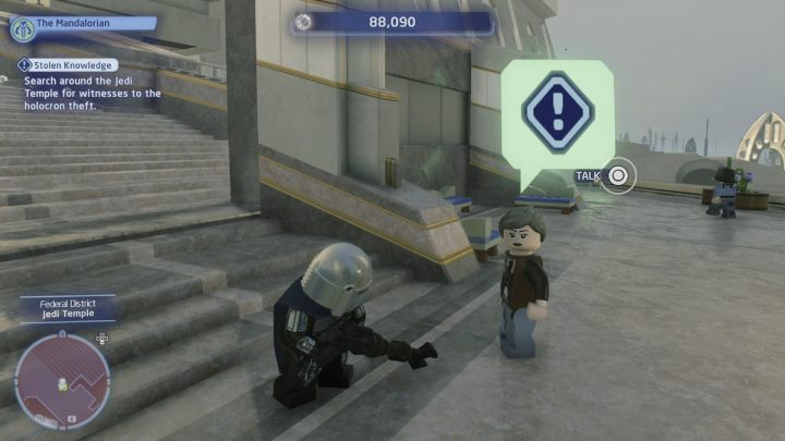 Talk to the man at the Jedi Temple exit and the woman standing near the taxi - LEGO Skywalker Saga: Stolen Knowledge - walkthrough - LEGO Skywalker Saga: Coruscant - federal district - LEGO Skywalker Saga Guide