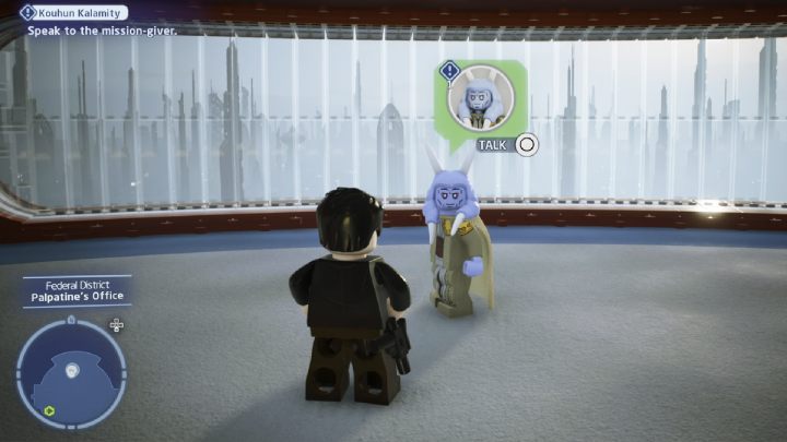 Talk to the quest giver in Palpatine's office and accept the task - LEGO Skywalker Saga: Kouhun Kalamity - walkthrough - LEGO Skywalker Saga: Coruscant - federal district - LEGO Skywalker Saga Guide