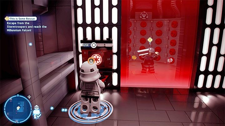 Wearing the disguise, go through the adjacent corridors to the red console shown in the picture - LEGO Skywalker Saga: This is Some Rescue - walkthrough - LEGO Skywalker Saga: Episode 4 - A New Hope - LEGO Skywalker Saga Guide