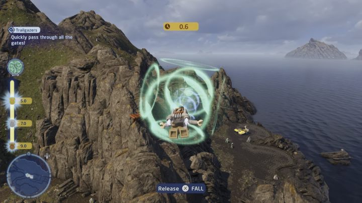 To complete the trial, you have to pass through all 6 gates one by one by using a Glider, one of the Scavenger's gadgets - LEGO Skywalker Saga: Ahch-To - trial, walkthrough - LEGO Skywalker Saga: Trials - LEGO Skywalker Saga Guide