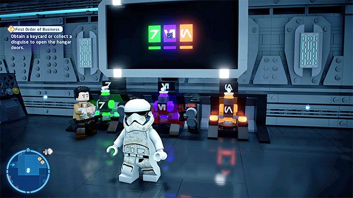 There is a puzzle with three containers in the upper control room - LEGO Skywalker Saga: First Order of Business - walkthrough - LEGO Skywalker Saga: Episode 7 - The Force Awakens - LEGO Skywalker Saga Guide