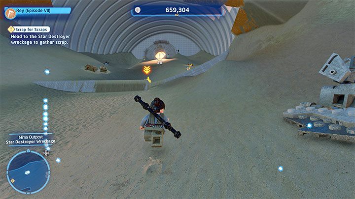 She will receive a task to find 20 pieces of scrap metal - go towards the wreckage of the Star Destroyer - LEGO Skywalker Saga: Low Flying Garbage - walkthrough - LEGO Skywalker Saga: Episode 7 - The Force Awakens - LEGO Skywalker Saga Guide