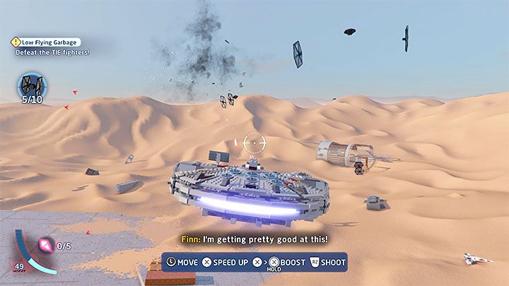 In the first part of the mission you have to destroy 3 groups of TIE Fighters, which consist of 7, 10 and 12 ships respectively - LEGO Skywalker Saga: Low Flying Garbage - walkthrough - LEGO Skywalker Saga: Episode 7 - The Force Awakens - LEGO Skywalker Saga Guide