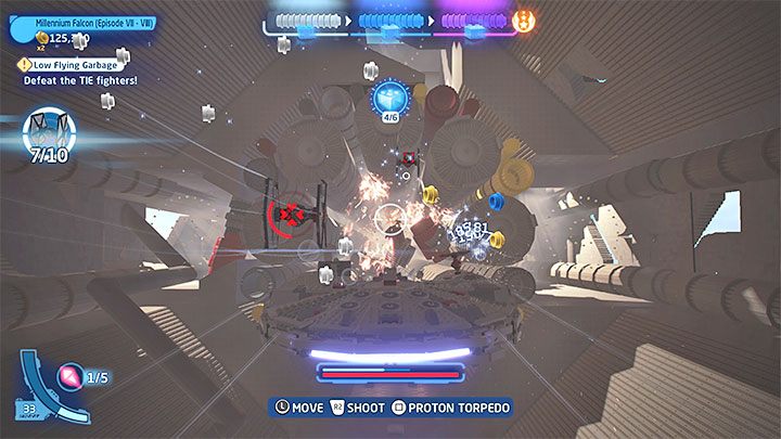 After you fly into the wreckage, destroy the next TIE Fighters - LEGO Skywalker Saga: Low Flying Garbage - walkthrough - LEGO Skywalker Saga: Episode 7 - The Force Awakens - LEGO Skywalker Saga Guide