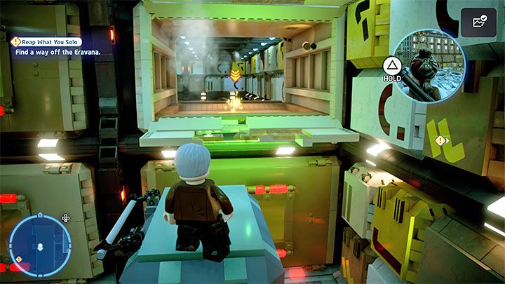 Push the machine back towards the containers and use the rotating mechanism - LEGO Skywalker Saga: Reap What You Solo - walkthrough - LEGO Skywalker Saga: Episode 7 - The Force Awakens - LEGO Skywalker Saga Guide