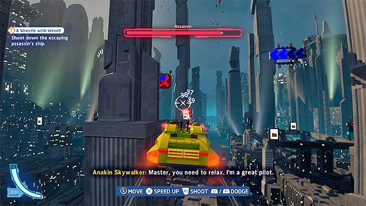 This level in its entirety is a few minutes of a flying vehicles chase in which your main objective is to destroy the assassin's spaceship which is piloted by Zam Wesell - LEGO Skywalker Saga: A Wrestle with Wesell - walkthrough - LEGO Skywalker Saga: Episode 2 - Attack of the Clones - LEGO Skywalker Saga Guide