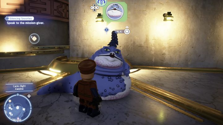 While controlling the Bounty Hunter, talk to the quest giver at the casino on Cantonica and accept the quest - LEGO Skywalker Saga: Silencing Snootles - walkthrough - LEGO Skywalker Saga: Cantonica - Canto Bight - LEGO Skywalker Saga Guide