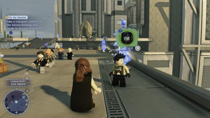 Talk to the transport official found in the northern part of the map and accept the quest - LEGO Skywalker Saga: Taxi Unfair - walkthrough - LEGO Skywalker Saga: Coruscant - federal district - LEGO Skywalker Saga Guide