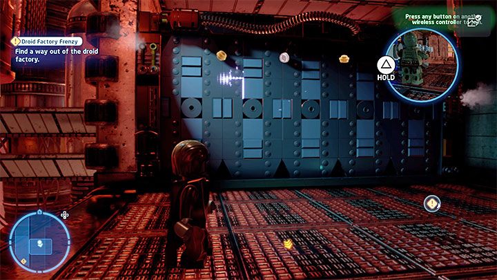 As Anakin, approach the wall next to the new conveyor belt which is shown in the attached picture to stick a lightsaber in it - LEGO Skywalker Saga: Droid Factory Frenzy - walkthrough - LEGO Skywalker Saga: Episode 2 - Attack of the Clones - LEGO Skywalker Saga Guide