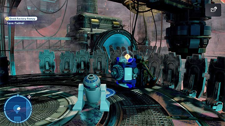 In order to save Padme, you also have to interact with the blue terminal and if you want to get the No Hanging Around challenge, hurry up to complete the mini-game of matching the rings - LEGO Skywalker Saga: Droid Factory Frenzy - walkthrough - LEGO Skywalker Saga: Episode 2 - Attack of the Clones - LEGO Skywalker Saga Guide