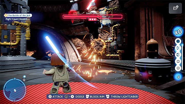 React to Dooku's powerful attacks which are signaled with red lines and circles - LEGO Skywalker Saga: The Battle of the Jedi - walkthrough - LEGO Skywalker Saga: Episode 2 - Attack of the Clones - LEGO Skywalker Saga Guide
