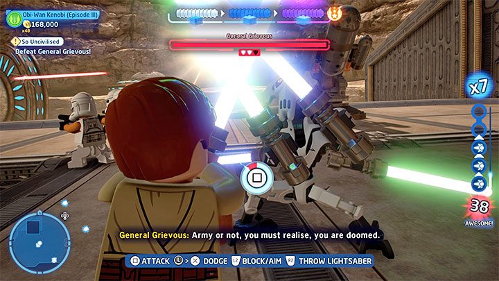 While fighting Grievous you'll sometimes have to overpower him during blade locks and outmaneuver him during fencing sequences - this happens each time you deplete one of his health bars - LEGO Skywalker Saga: So Uncivilized - walkthrough - LEGO Skywalker Saga: Episode 3 - Revenge of the Sith - LEGO Skywalker Saga Guide