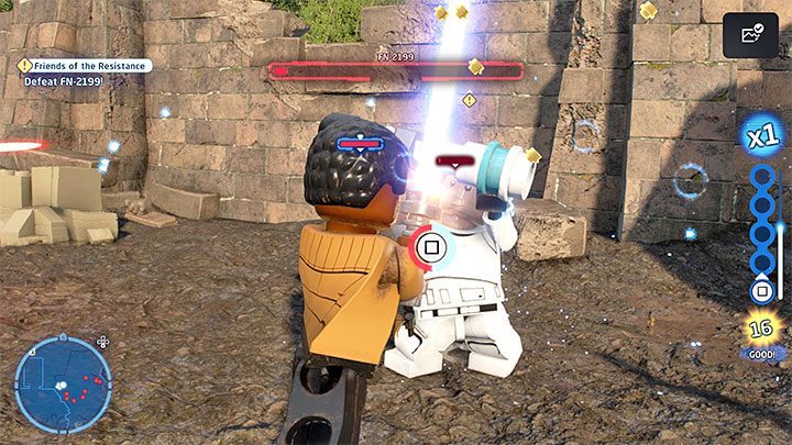 In the final part of the fight, you might need to wrestle against FN-2199 - all you need to do is mash the button displayed on the screen - LEGO Skywalker Saga: Starkiller Queen - walkthrough - LEGO Skywalker Saga: Episode 7 - The Force Awakens - LEGO Skywalker Saga Guide