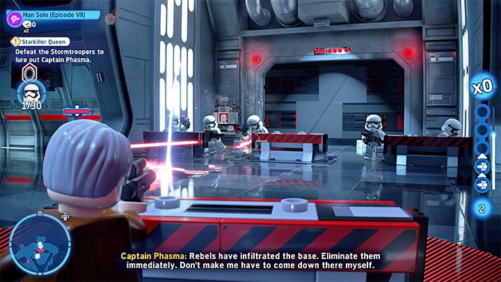 During the battle, you can take advantage of cover, but stay away from it if you notice grenades flying towards you - LEGO Skywalker Saga: Starkiller Queen - walkthrough - LEGO Skywalker Saga: Episode 7 - The Force Awakens - LEGO Skywalker Saga Guide